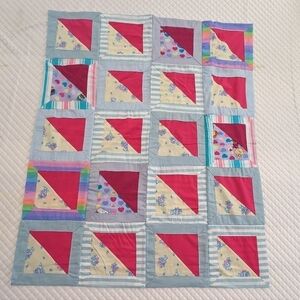 Handmade Patchwork Squares And Corner Triangles Baby Quilt Blue 80's Cats